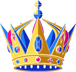 Detailed golden crown featuring blue and pink jewels is displayed on a white background, creating a regal and ornamental illustration ideal for royal themes and design projects.