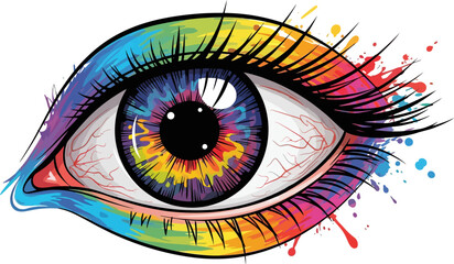 Illustrative eye features rainbow colored iris and splashes with long black eyelashes, conveying artistic expression on a clean white background, suitable for creative and beauty projects.