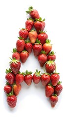 Letter A laid out from strawberries on a white background. Alphabet
