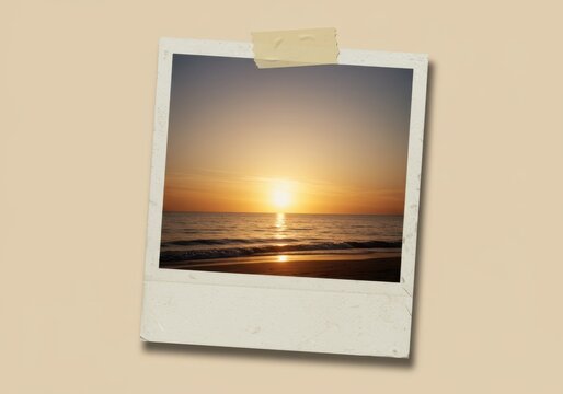 Golden sunset over calm ocean waters captured in a vintage polaroid photograph - Powered by Adobe