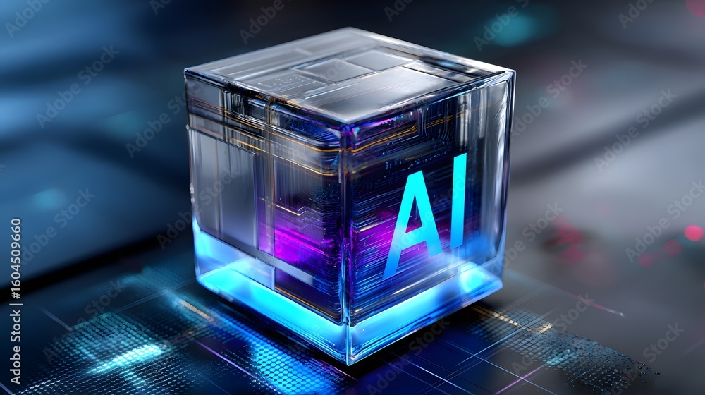 Poster ai cube with glowing blue light and circuit patterns