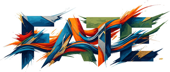 Bold fate typography art features blue, orange, and green abstract brush strokes, creating dynamic letterforms against a clean white background suitable for artistic or conceptual projects.