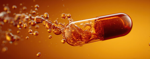 Fluids and capsule interact in vibrant colors against an orange backdrop highlighting medicinal qualities