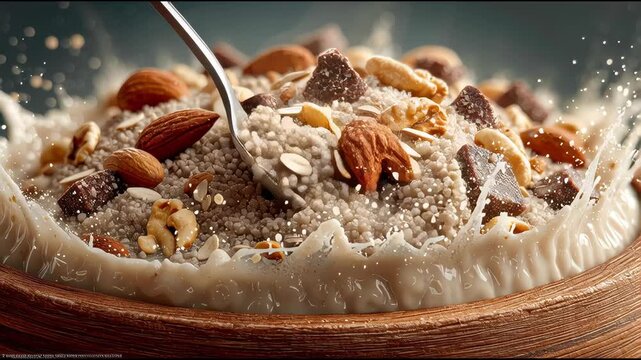 A wooden bowl brims with a splash of oat cereal, nuts, chocolate chunks, and almond milk, captured in mid-motion for a dynamic breakfast visual.