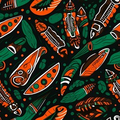 Seamless Tribal Pattern Green Orange Dark Background