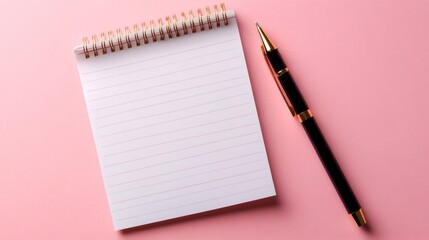 Blank notepad and pen resting on pink background