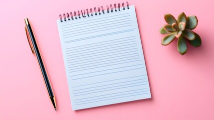Notebook, pen and succulent plant on pink background for business meeting
