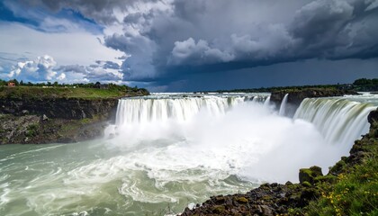 Powerful Waterfall Under Stormy Clouds
