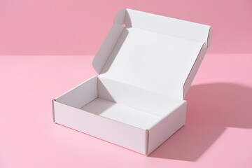 Open pink gift box on white pastel background. 3D render of minimalist cardboard packaging for product display, branding, retail presentation, modern container for luxury surprise or elegant present