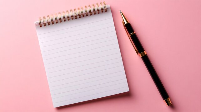 Blank notepad and pen resting on pink background - Powered by Adobe