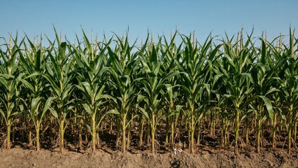 Obraz premium Vegetable plantation of ripe corn standing tall in an open farmland setting