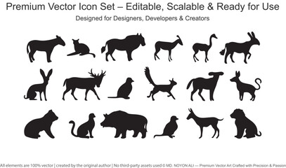 Collection of Black Animal Silhouettes on White Background icon