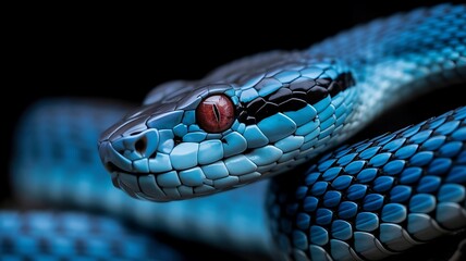 Closeup of a blue viper snake with striking red eyes and detailed scales