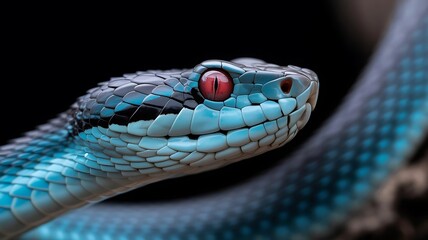 Fototapeta premium Closeup of a blue viper snake with striking red eyes and detailed scales