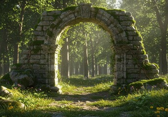 Ancient stone archway covered in moss leads to a sunlit forest path