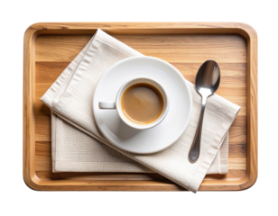  Minimalist Rectangular Wooden Serving Tray with Ceramic Cup and Spoon, Top-Down View, Isolated