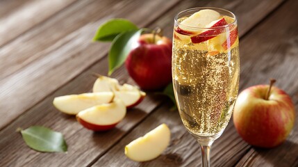Sparkling Apple Cider with Slices in a Glass on Wooden Table