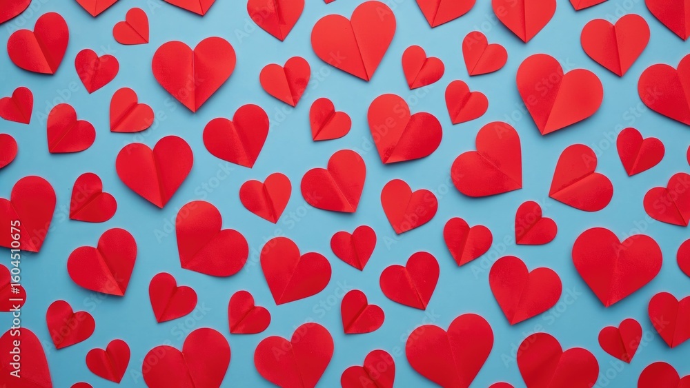 Poster valentine's day theme featuring a blue background adorned with multiple red paper hearts in assorted
