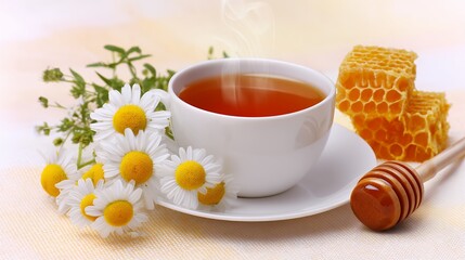 Steaming Cup of Chamomile Tea with Honeycomb and Daisies