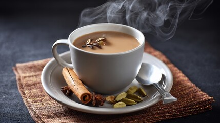 Steaming Cup of Masala Chai with Spices on Dark Background