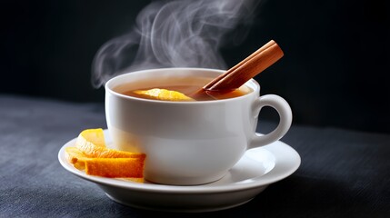 Steaming Cup of Tea with Cinnamon Stick and Orange Slice