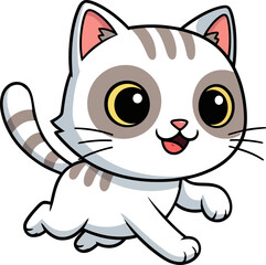 Cute cartoon kitten running with white fur and grey stripes, its big yellow eyes and happy expression create a cheerful mood, ideal for children's books or playful designs.