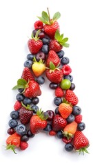 
Letter A made of juicy berries on a white background. Alphabet. Strawberries, blueberries, raspberries, currants, blueberries, blackberries, rowan.