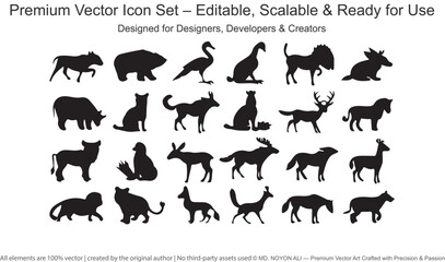 Collection of black animal silhouettes on white background vector graphic