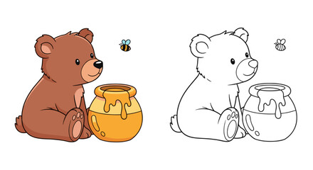 Cartoon bear sitting next to honey pot with bee. Coloring book or page with colored example.