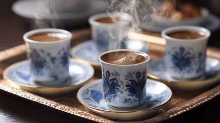 Steaming Cups of Turkish Coffee on an Ornate Tray