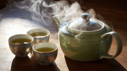 Steaming Green Teapot and Cups on Wooden Table