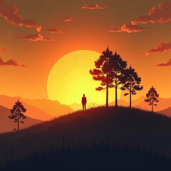 Naklejka premium Solitude and self-reflection at sunset as lone figure stands on hilltop surrounded by pine trees against glowing orange sky
