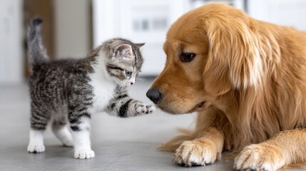 Whimsical Encounter: A curious kitten playfully paws at a gentle golden retriever in an indoor setting, the image evokes a sense of innocence and friendship.