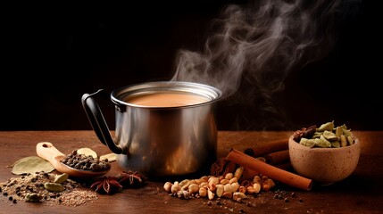 Steaming Masala Chai in Metal Mug with Assorted Spices on Dark Wooden Table