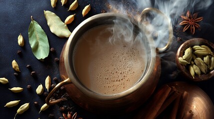 Steaming Masala Chai in Copper Pot with Spices