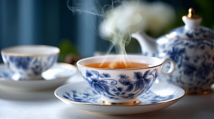 Steaming Tea in Blue and White Porcelain Cup and Teapot