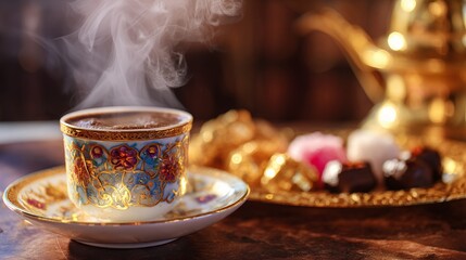 Steaming Turkish Coffee in Ornate Cup with Sweets