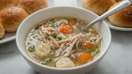 Hearty and wholesome lunch with tender chicken, warm soup in a bowl, fresh bread rolls, and a spoon ready for enjoying a traditional homemade meal