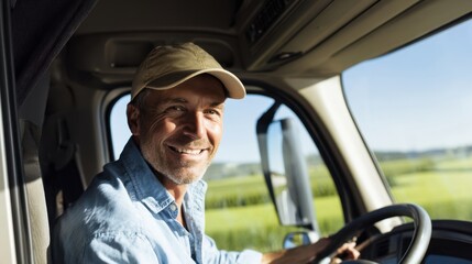 The smiling truck driver enjoying a sunny day on the open road.