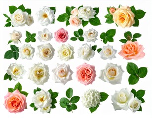 白と淡いピンクの花や葉を並べたフラットレイ構成のイラスト素材｜バラ,葉,背景素材