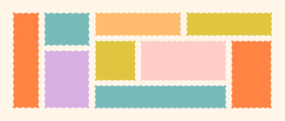 Frames Scalloped Vector Corrugated Bento Grid Shapes Set. Scallop Frame Wavy Retro Stickers Collection. Zig Zag Edge Geometric Borders Tag Boxes. Wiggle Line Design Sign Background. Isolated