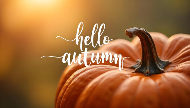 High resolution illustration with hand-lettered phrase "Hello Autumn" and a whole pumpkin on background. Minimalistic seasonal design with cozy autumn vibes. Perfect for fall greeting cards, posters