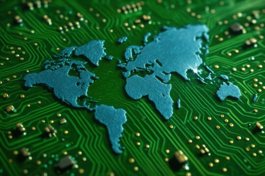 World map on green circuit board representing global technology and connectivity