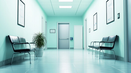 A spacious, well-lit hospital corridor with green walls, white doors, and a few framed pictures on the walls. The corridor is empty, with a few chairs arranged along the walls.