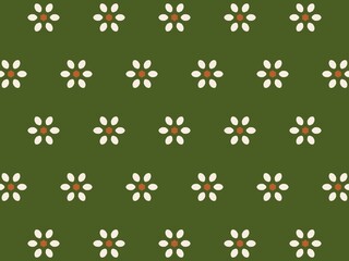 Simple white and orange floral pattern on a dark green background, perfect for textile and wallpaper designs.