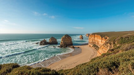 Natural seaside landscape with crashing waves, sandy shore, rocky formations, and vibrant plants on a clear day