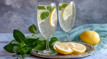 Two Sparkling Lemon Mint Drinks on Silver Tray