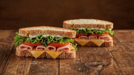 Ham, tomato, and cheese sandwiches placed on a wooden table