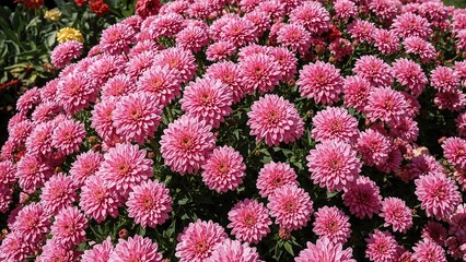 Bright pink chrysanthemums blooming in neat lines during a sunny fall day, great for greeting cards and wallpapers.