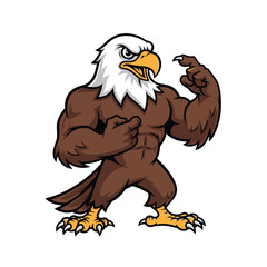 Muscular bald eagle mascot flexing, showing off strength and power.